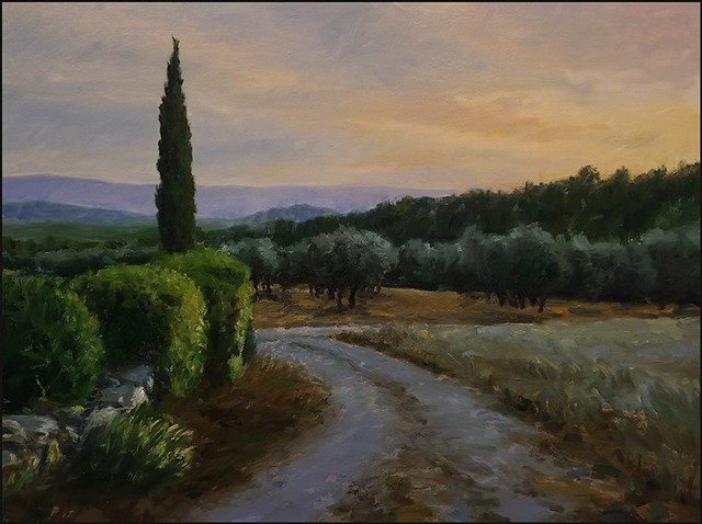 realist_art, realism, landscape, france, provence, rustic_scene, sundown, olive_trees, cypress