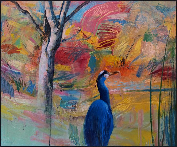 abstract, semi-abstract, figurative, bird, heron, tree, colorful, energy