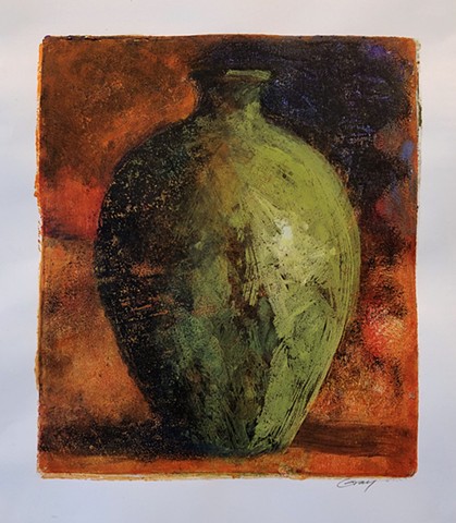 acrylic, abstract, work on paper, monotype, gel plate, gelli, vessel