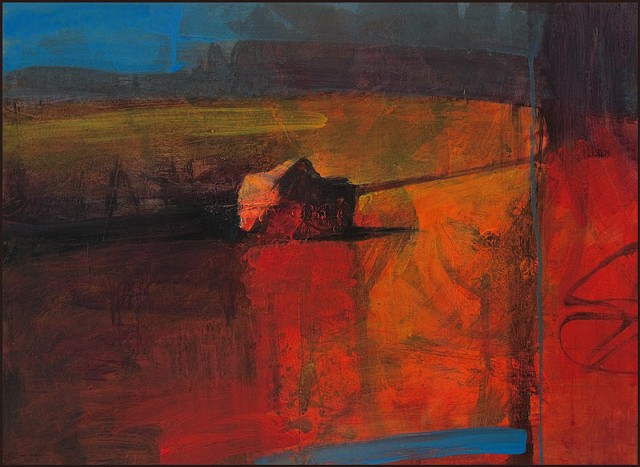 Semi-abstract landscape with stone.  Deep, saturated colors of red, orange, brown and blue.