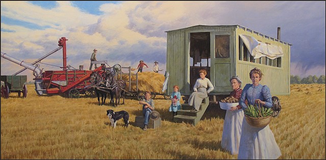 mural, farm scene, wheat, thresher, cook shack, women, historical, thresing crew, 