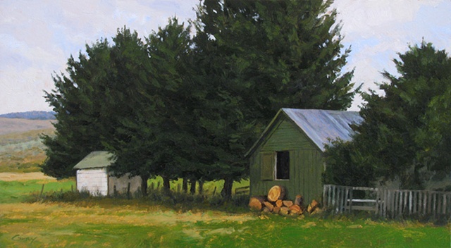 Landscape with spruce trees, green woodshed, firewood