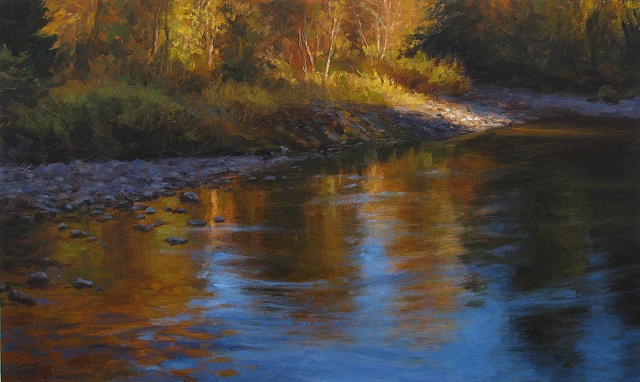 Landscape with stream and fall foliage, sun and shadow