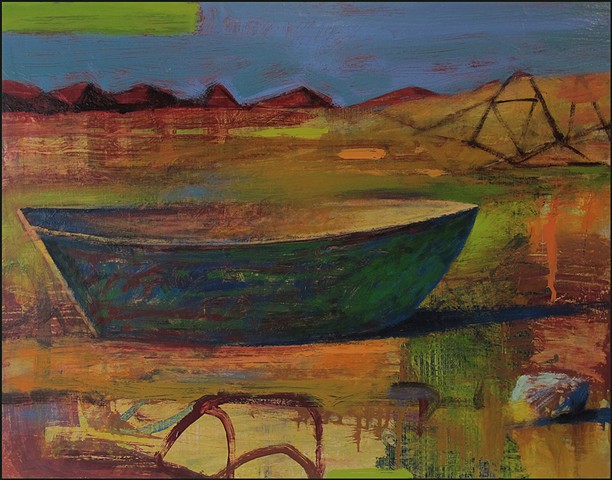 oil, enamel, abstract, representational, boat, landscape, imaginary