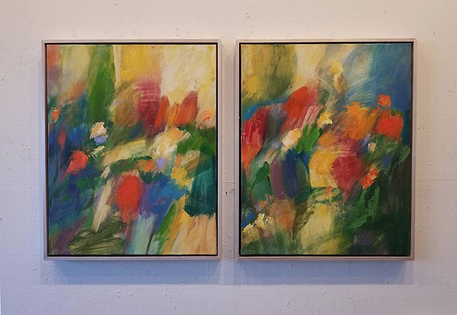 abstract, oil painting, oil on canvas, diptych, colorful, flowers, garden
