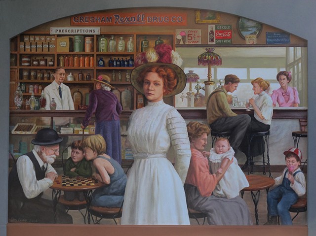 mural, historical, drugstore, soda fountain, interior scene, 1910