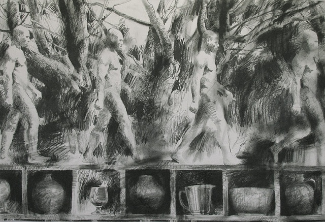 Nude male walking left to right (Muybridge), tree limbs, compartments with objects along lower edge