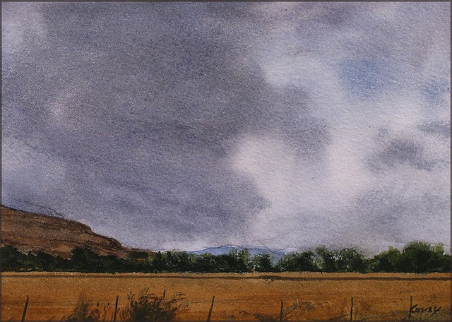 small painting, watercolor, miniature, landscape, clouds