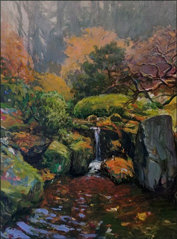 landscape, autumn, fall, fall_colors, garden, trees, semi-abstract, contemporary_art, fine_art, japanese_garden, waterfall