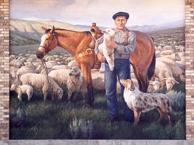 Mural, exterior mural, sheepherder, horse, sheep and dog