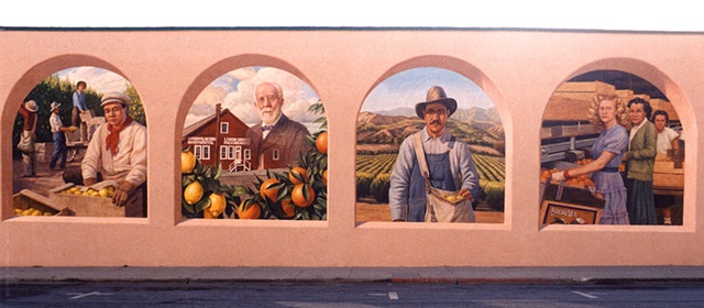 Mural, exterior mural, historical illustration, fruit pickers, packing plants, California citrus industry
