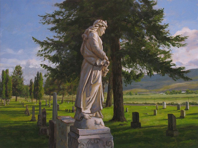 Statue, gravestone, cemetery, large fir, sunlight