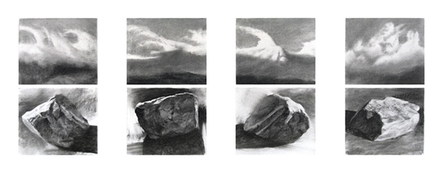stones, boulders, clouds, sky, turbulent, black and white, semi-abstract