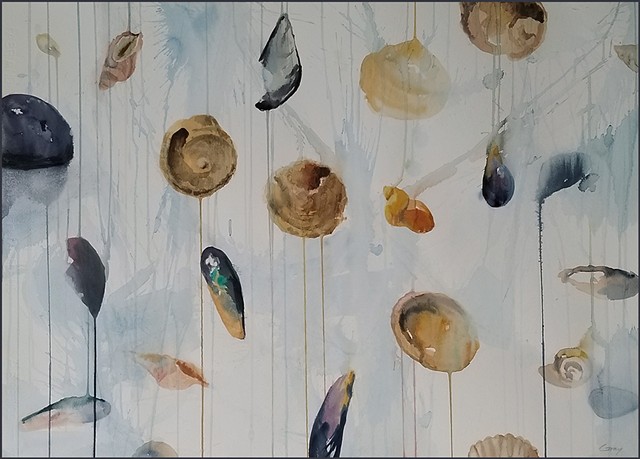 watercolor, shells, seashells, drips, fluid, light, ocean, allover, pattern