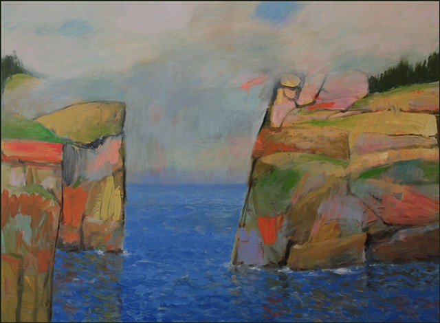 oil, abstract, colorful, painterly, color blocks, interlocking, seascape, cliffs, whimsical, fantasy