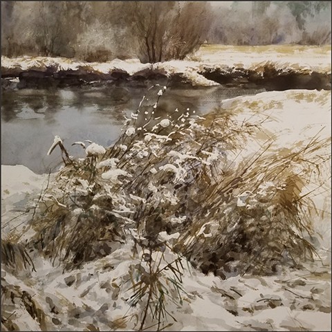 watercolor, landscape, snow scene, creek, stream, forest, woods, realist, realism, nature