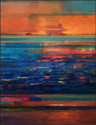 oil painting, abstract, orange, blue, seascape, painterly, brushstrokes