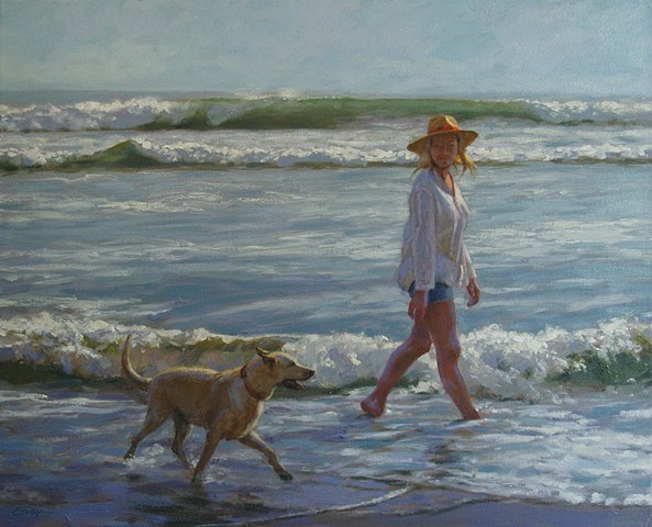 beach, ocean, surf, walker, dog, sunlight, shore, seaside, girl, beach_walk, shore_walk, realist_art