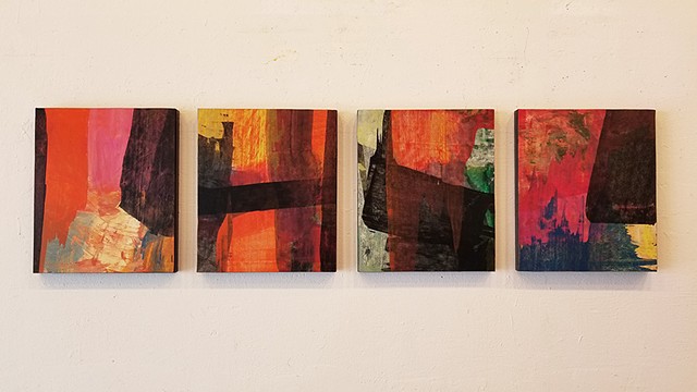 quadriptych, multiple panels, abstract, red, black, orange, contemporary-painting
