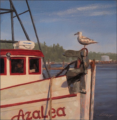 small_painting, miniature, oil, seagull, boat, harbor, realism