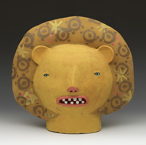 ceramic figure clay head lion stamp teeth by Sara Swink