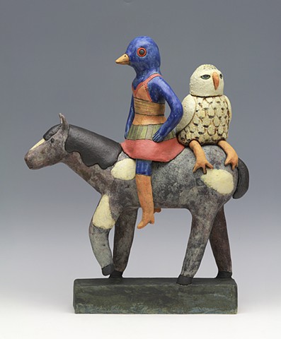 clay ceramic sculpture owl bluebird horse by sara swink