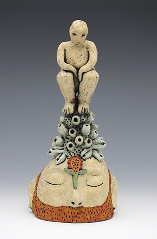 ceramic figure clay head flower beard by Sara Swink