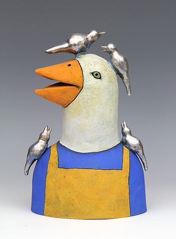 ceramic figure with birds by Sara Swink