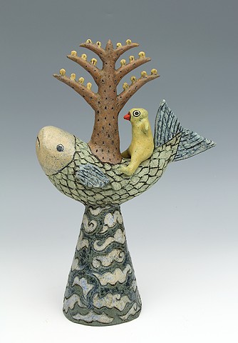 ceramic figure fish bird tree by Sara Swink