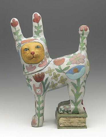 clay ceramic cat rabbit flowers fool archetype book sculpture by sara swink