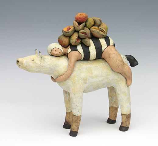 Swimmer on horse with fruit clay ceramic sculpture by sara swink