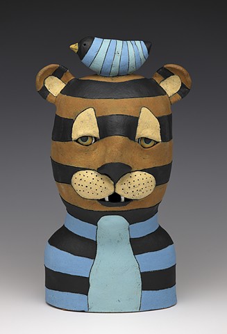 ceramic sculpture Sara Swink tiger stripes bird pottery clay
