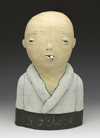 ceramic figure clay head cigarette shadow robe chest hair by Sara Swink