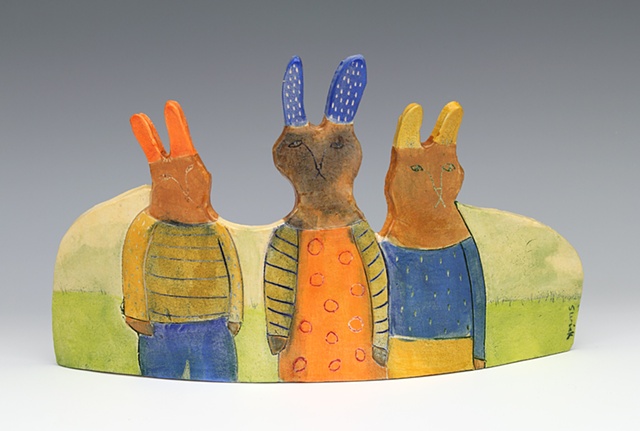 clay ceramic standing slab by sara swink rabbits