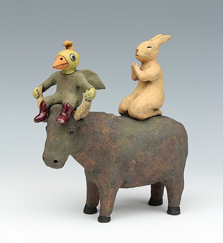ceramic figure animal bull rabbit bird by Sara Swink 