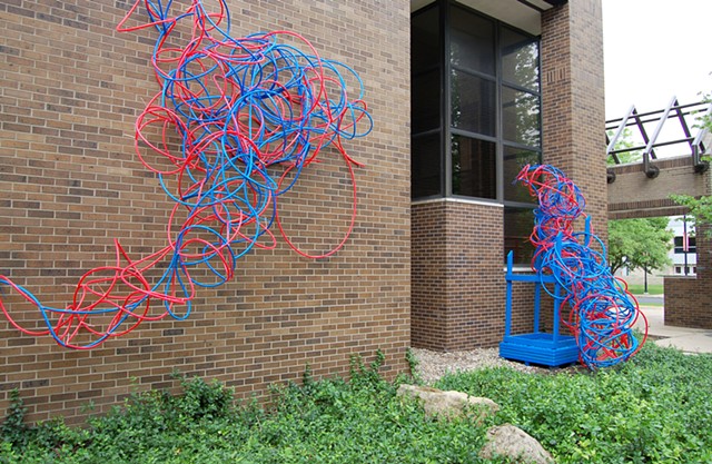 PEX plumbing pipe red blue line sculpture installation biomorphic Heather Brammeier fabric