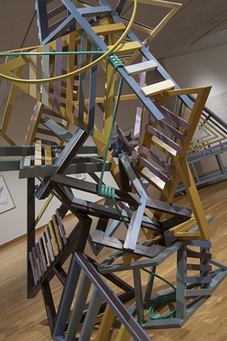 Heather Brammeier installation sculpture color painted insulation foam garden hose rope ladder triangle bench