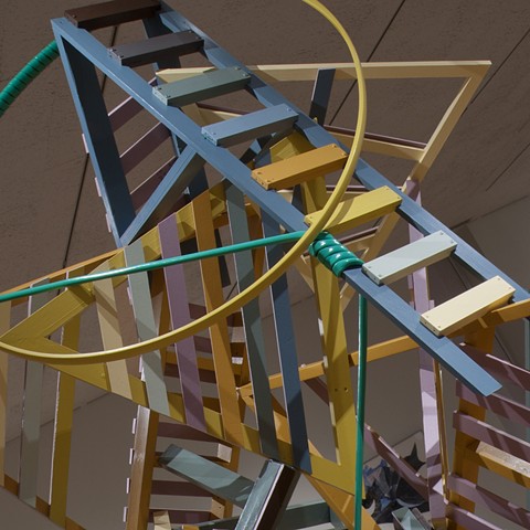 Heather Brammeier installation sculpture color painted insulation foam garden hose rope ladder triangle bench