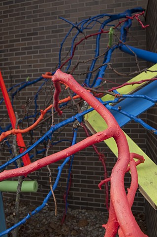 installation sculpture Heather Brammeier Jessica Bingham outdoor tree branches flagging tape