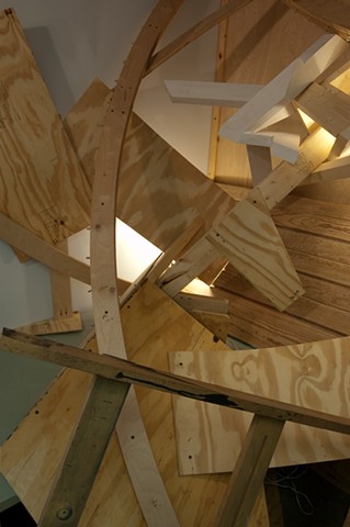 Heather Brammeier salvaged wood sculpture installation crooked room in a crooked house