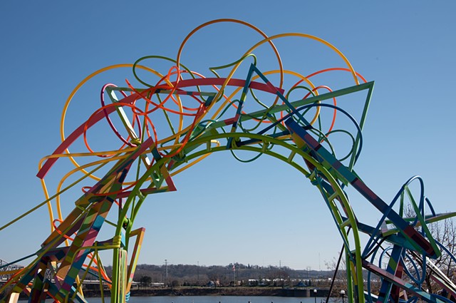 Heather Brammeier Easterseals Rainbow art installation our common threads plastic tubing garden hose reclaimed materials