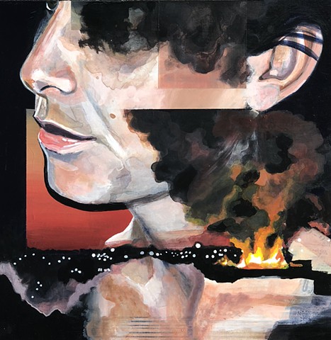 smoke, fire, acrylic, beautiful, painting, collage, new contemporary, dark, black, night, glow, overlook, portrait, woman, feminism, feminist, power, loneliness, existentialism, surge, anxiety, overwhelm, mystery, water, clouds, explosion, intense, pollut