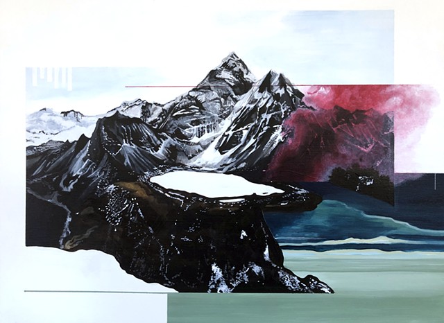 void lake, void, lake, surreal, toxic, pink, smoke, impossible, landscape, green, surrealism, new contemporary, mountains, inversion, sky, clouds, pink smoke, collage, painting, art, Denver