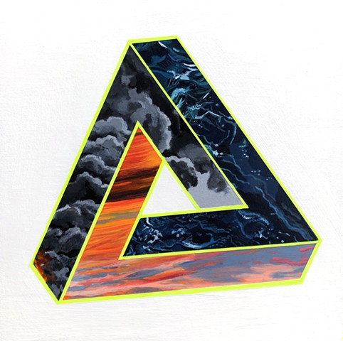 Penrose triangle, impossible landscape, smoke, sky, sunset, earth, elements, human condition, space, spiritual, god, portal, ocean, sea, baltic, wave, water, fire, wildfire, heat, weather, disaster, triangle, masculine, energy, connection, circle of life,