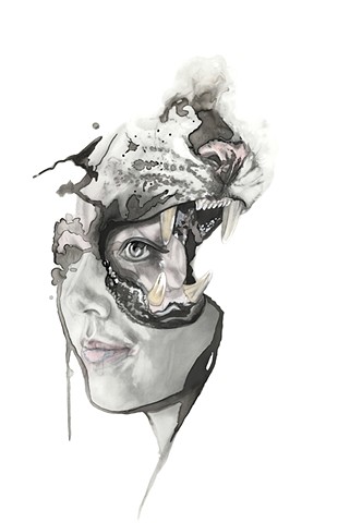 tiger, girl, eye, beautiful, surreal, mouth, teeth, tongue, snarl, pink, powder, soft, drawing, doe eyes, contemporary surrealism, new contemporary, splash, ink, spill, anger, fighter, inner strength, tiger eye, eye of the tiger