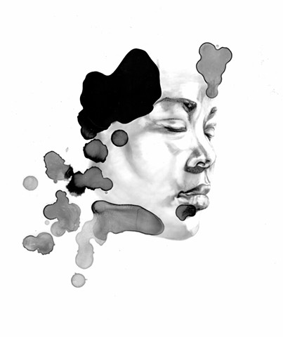 contemporary art, drawing, graphite, ink, ink blot, rorschach, black and white, new contemporary, portrait,