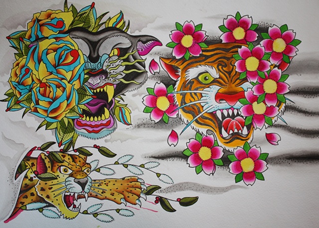 cats cat feline tiger panther leopard head flower flash sheet water color tattoo