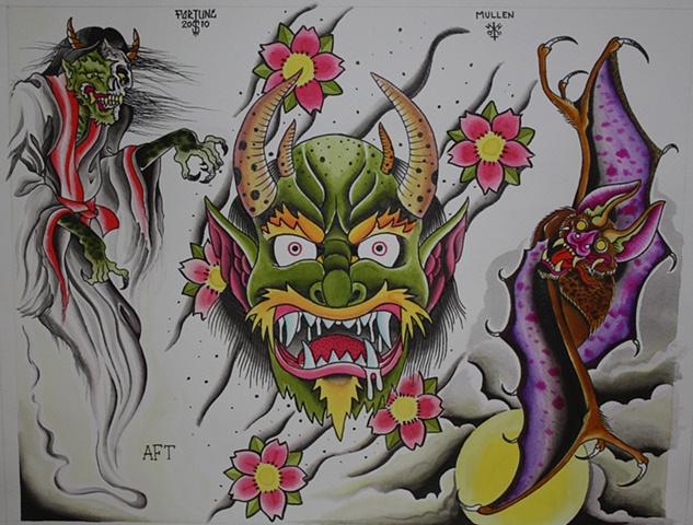 jap japanese demon head bat ghost water color watercolor flash sheet tattoo