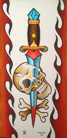 prov Rhode Island RI Providence Tattoo Art Freek Water color painting New England Dagger Skull bones