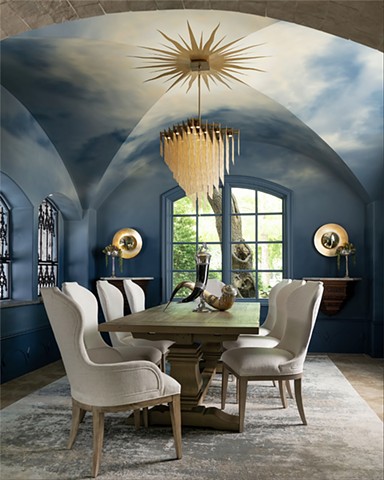 Ombre Dining Room with Clouds and Gold Sunburst